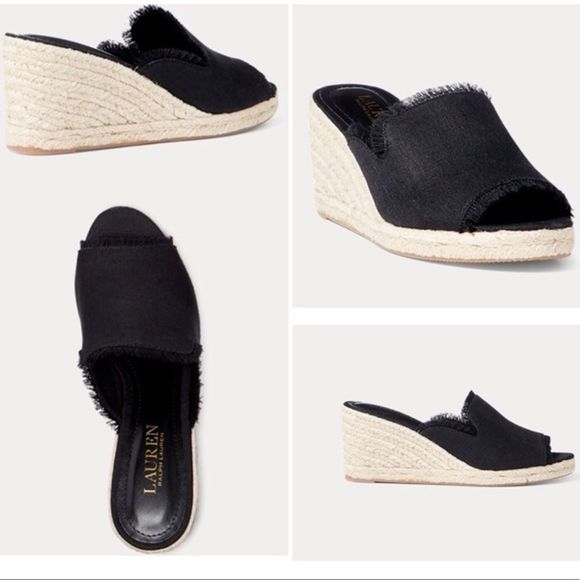 Lauren Ralph Lauren Shoes - Ralph Lauren Carlynda Black Linen Slip On  Wedges